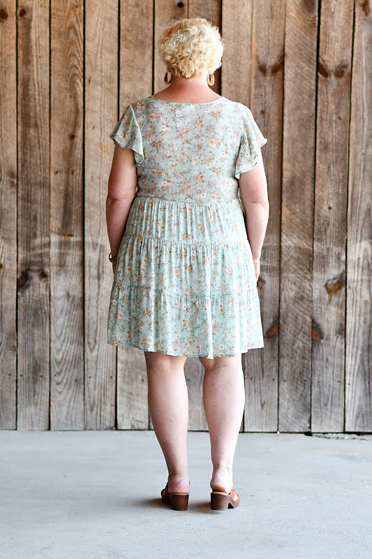 Floral Print Button Up Dress in Light Teal