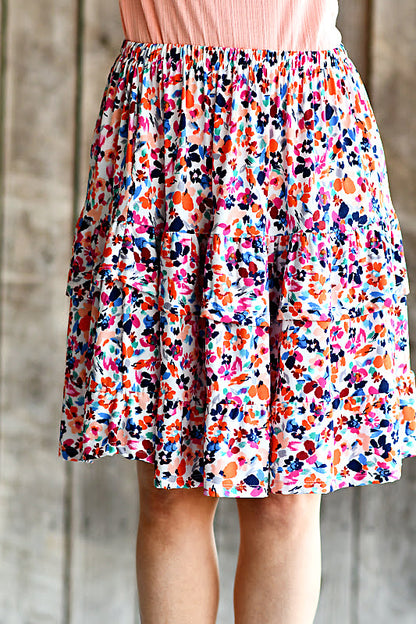 Ruffled Tiered Floral Print Skirt in Off White