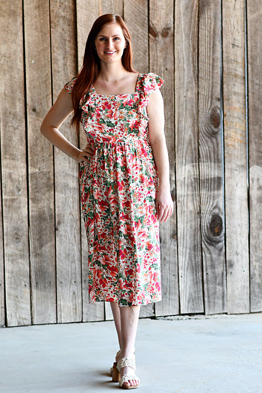 Sleeveless Floral Dress in Ivory