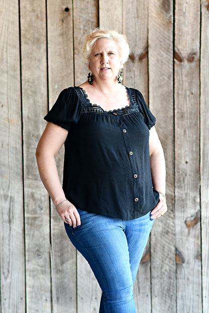 Square Neck Lace Lined Woven Top in Black