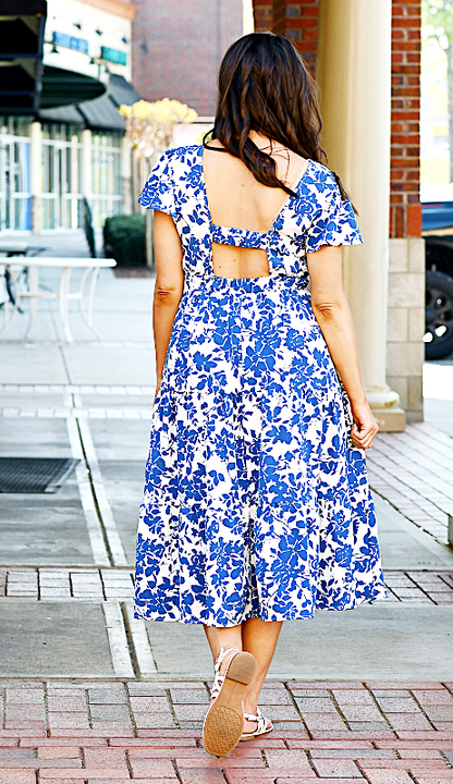 Floral Print Cut-Out Midi Dress in Blue