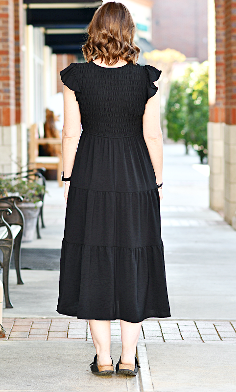 Flutter Sleeve Midi Dress in Black