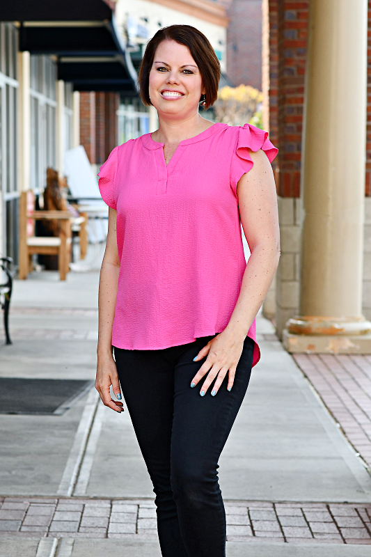 Casual Flutter Sleeve Textured Top in Hot Pink