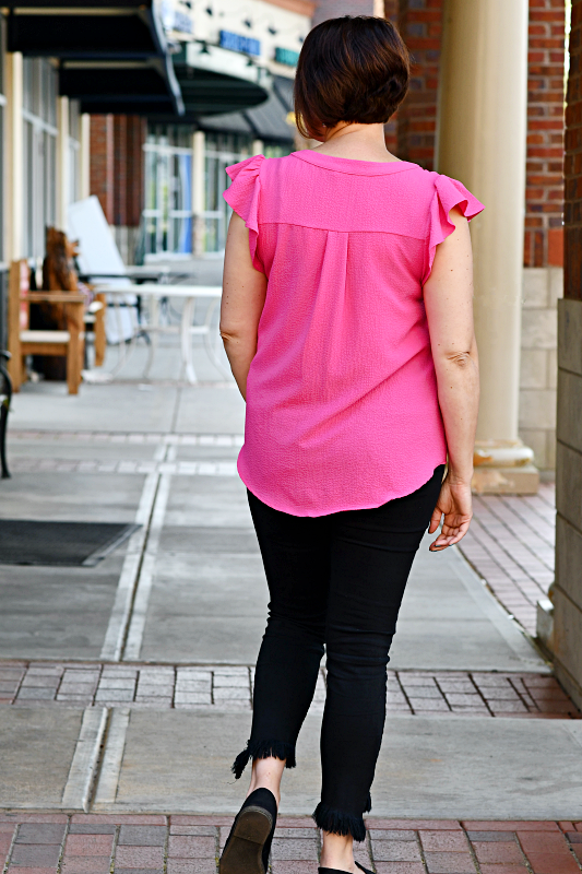 Casual Flutter Sleeve Textured Top in Hot Pink