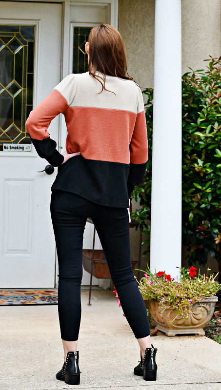 Long Puff Sleeve Color Block Ribbed Top in Taupe/Rust/Black