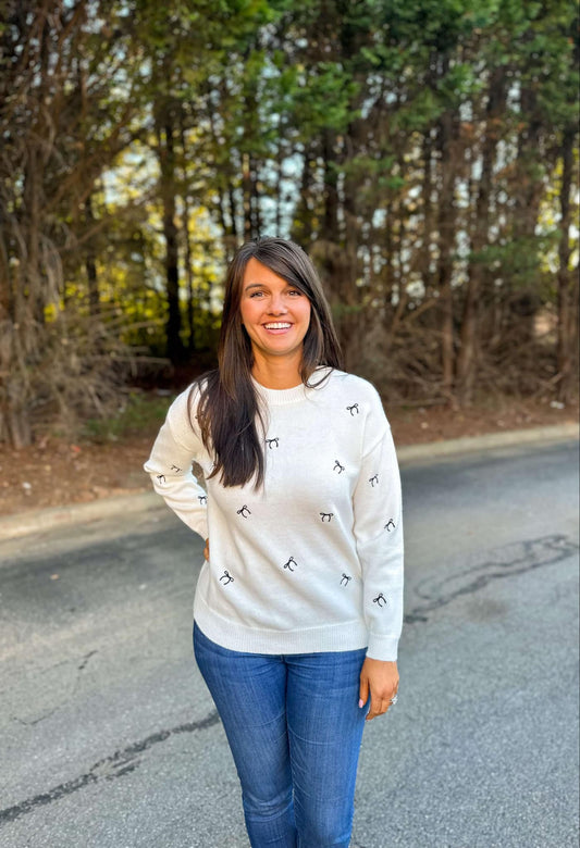 Tiny Bow Embroidered Sweater Top in Off White