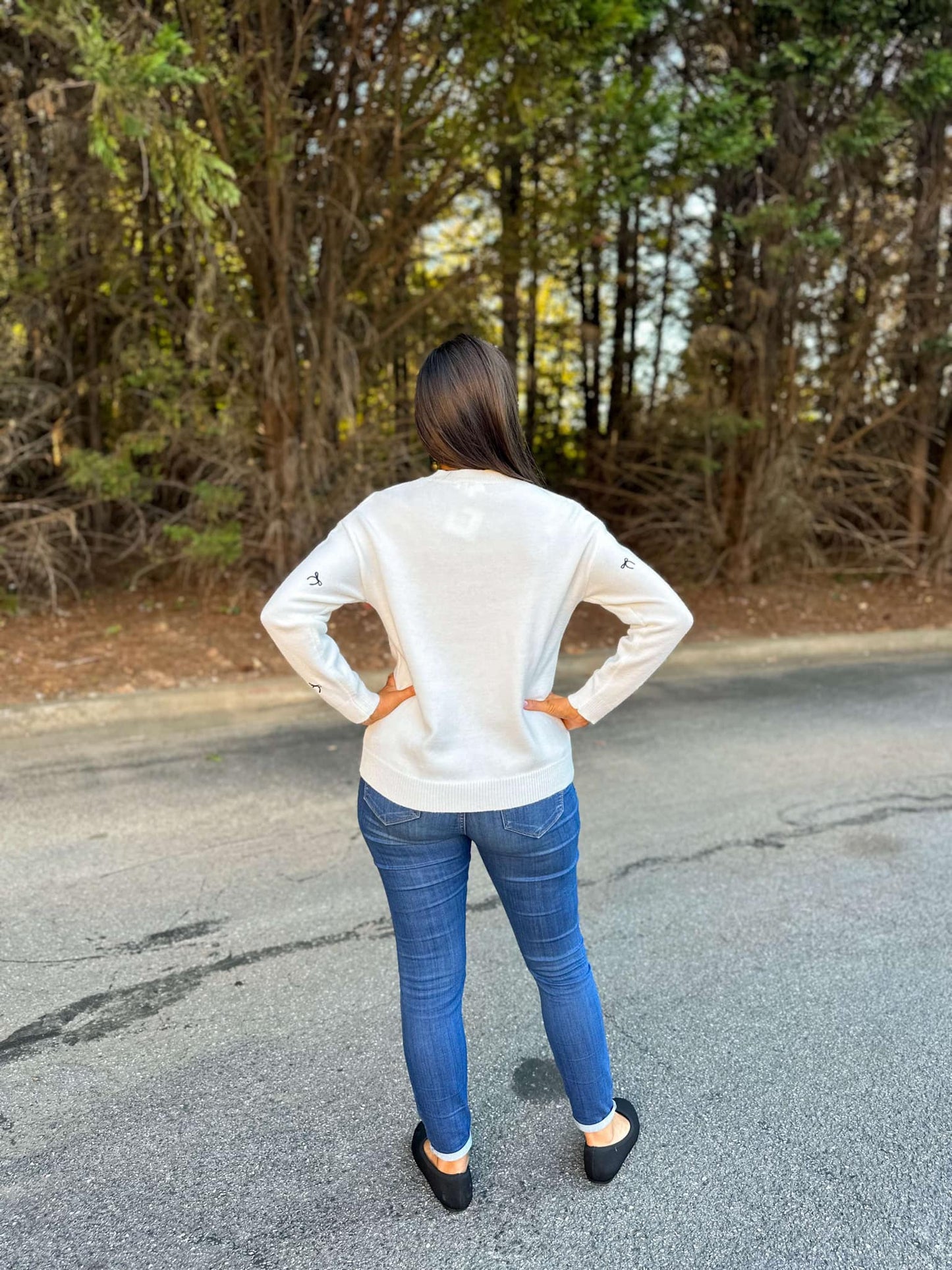 Tiny Bow Embroidered Sweater Top in Off White