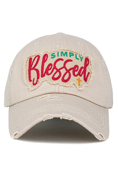 Distressed Embroidered Simply Blessed Vintage Ball Cap in Ivory