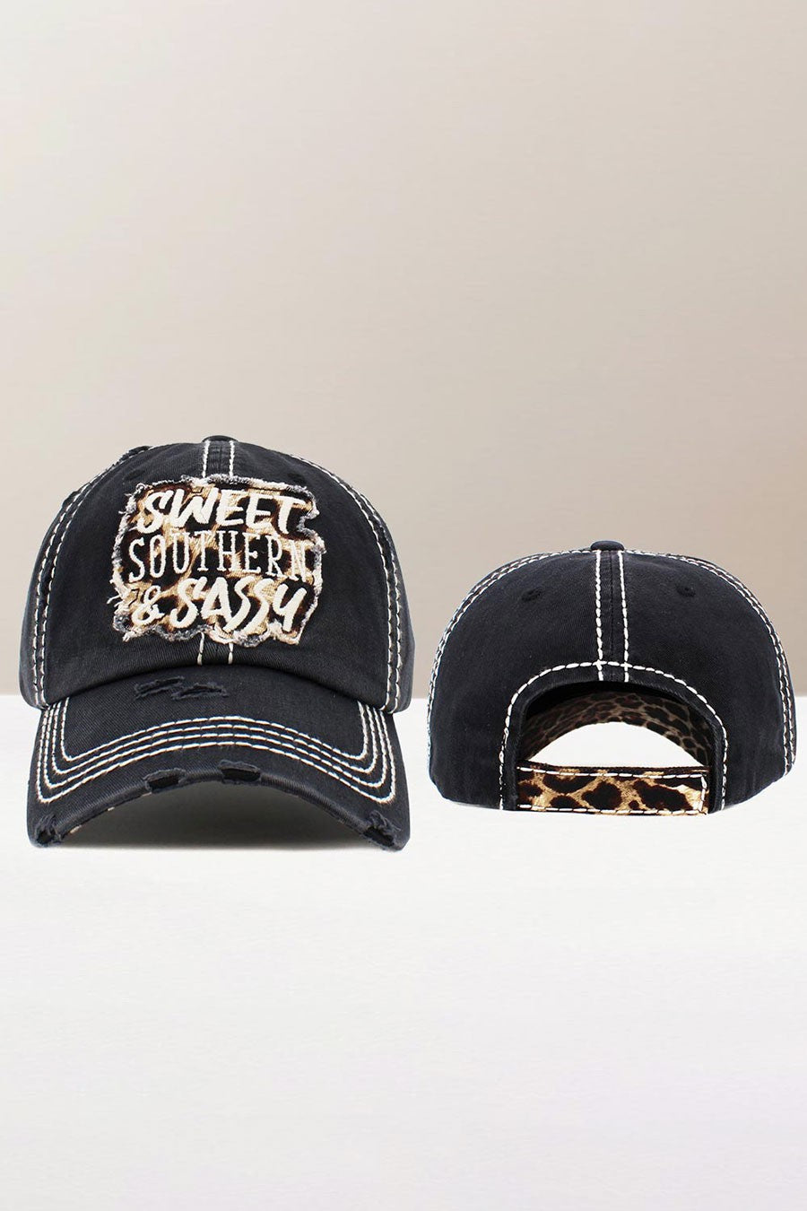 Distress Embroidered Sweet, Southern, and Sassy Vintage Ball Cap in Black