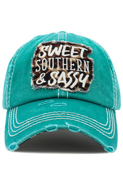 Distress Embroidered Sweet, Southern, and Sassy Vintage Ball Cap in Turquoise