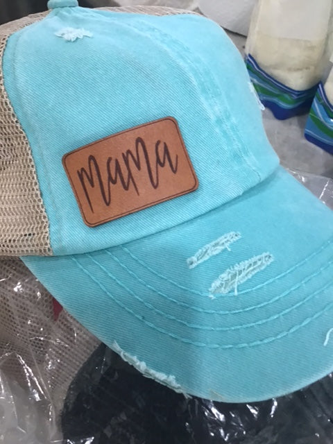 Mama Leather Patch Criss Cross High Ponytail Ball Cap in Turquoise