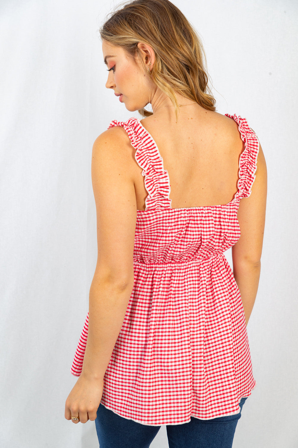 Sleeveless Gingham Print Woven Top in Red