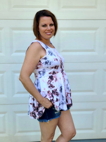 Sleeveless Tiered Tie Dye Top in Pink/Black/White