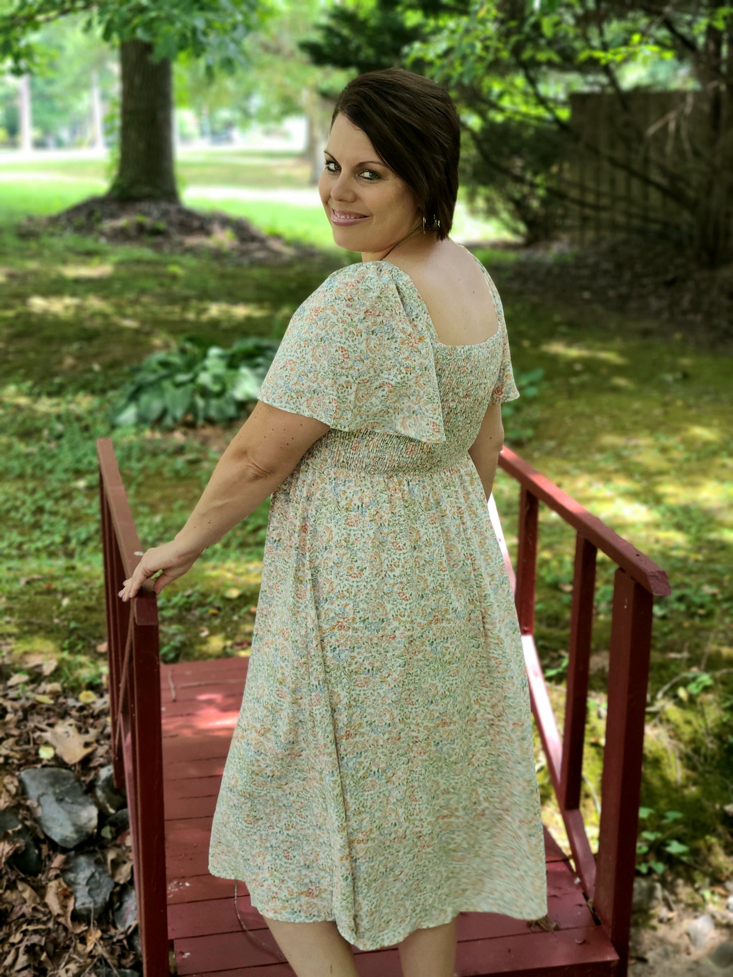 Floral Smocking Midi Dress with Lining in Cream