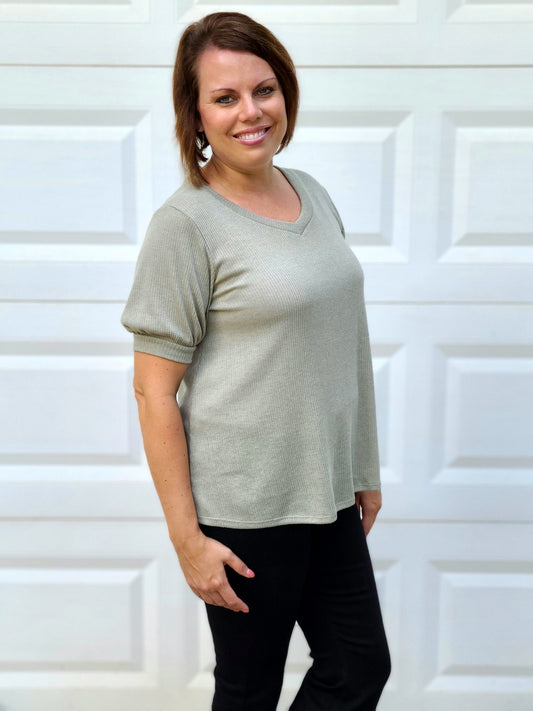 Puff Sleeve Ribbed Top in Green