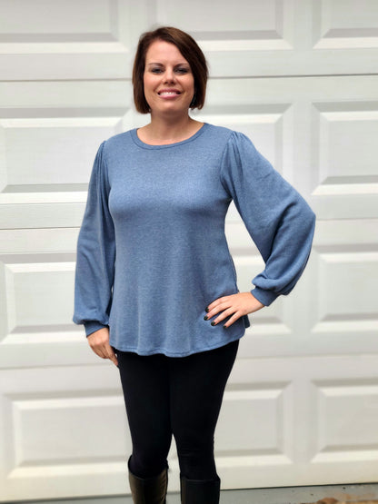 Puff sleeved Ribbed Top in Blue