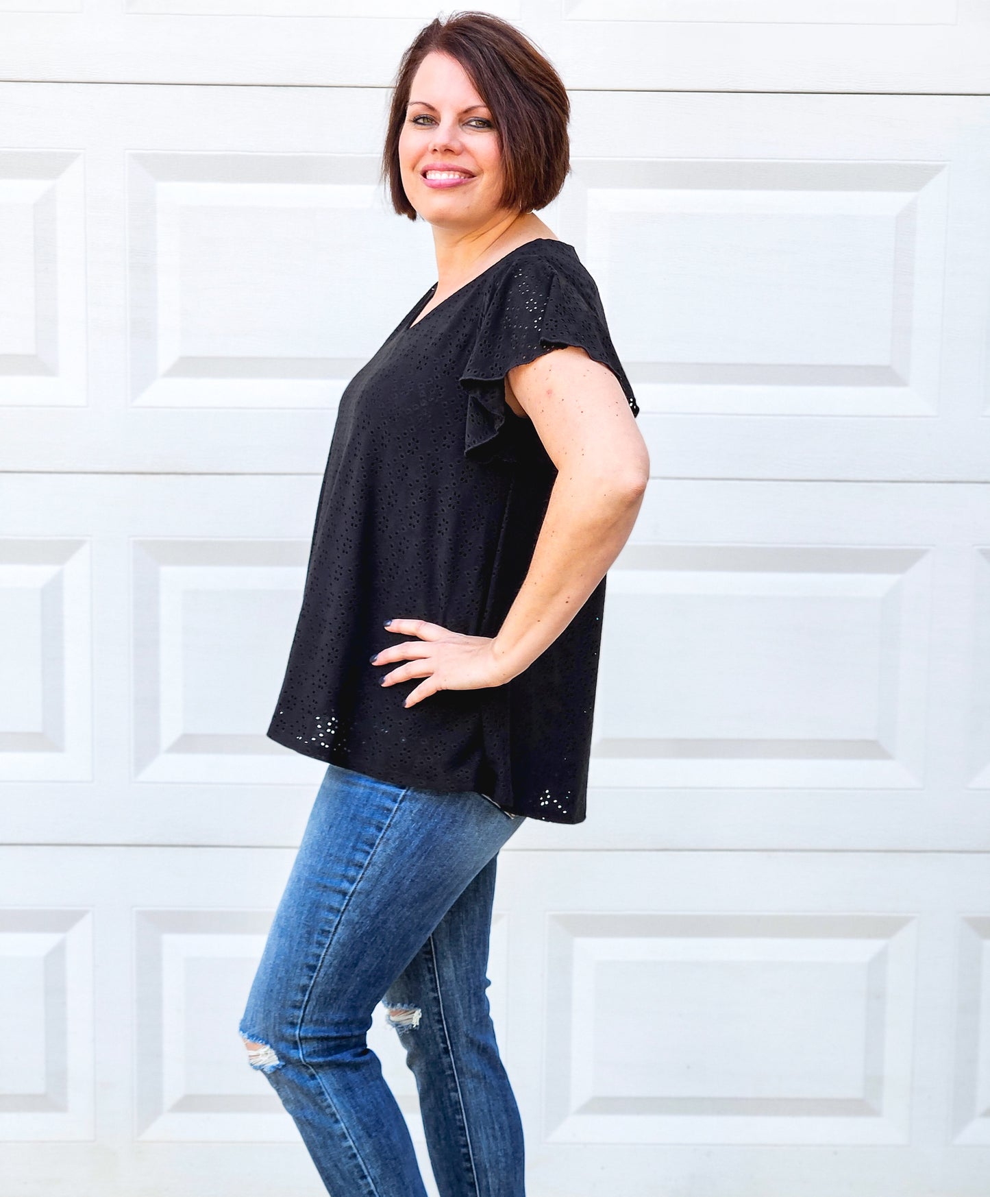 Eyelet Short Sleeved Top in Black