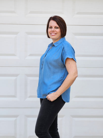 Ruched Shoulder Top in Chambray