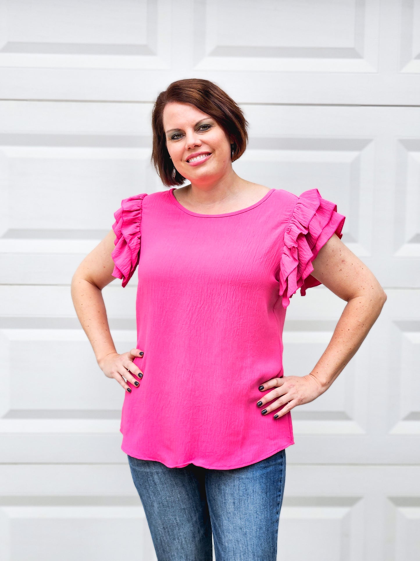 Flare Ruffled Short Sleeve Top in Hot Pink