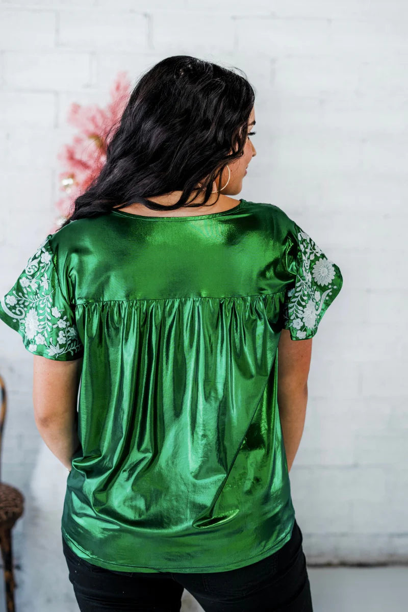 Embroidered Metallic Top in Green