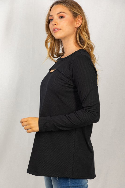 Cut-Out Ribbed Knit Top in Black