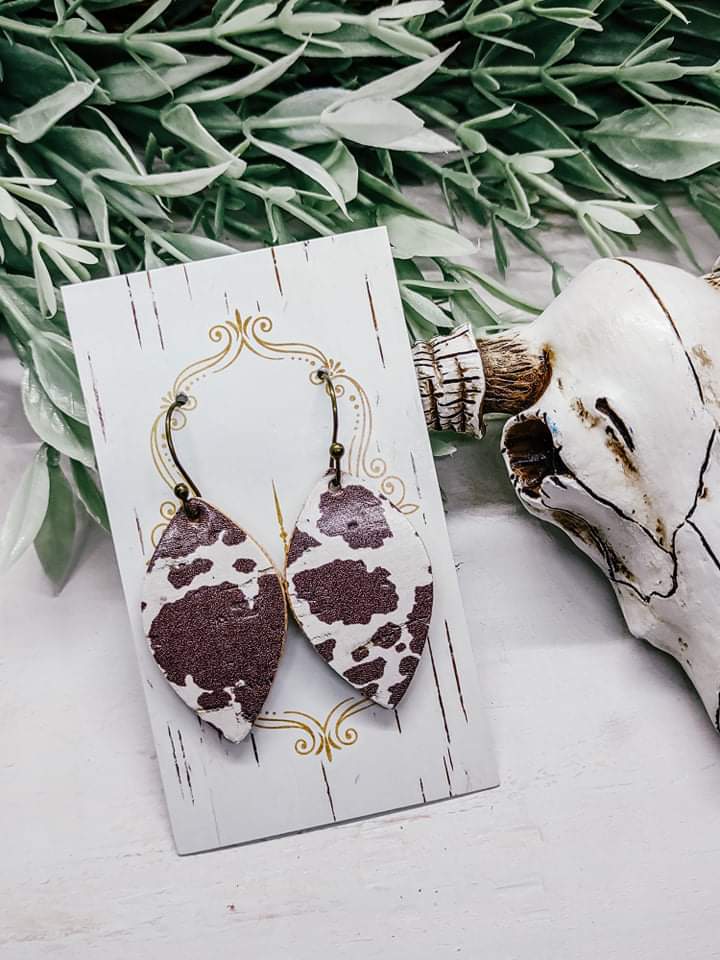 Cow Print Genuine Leather Small Earrings in Brown/White