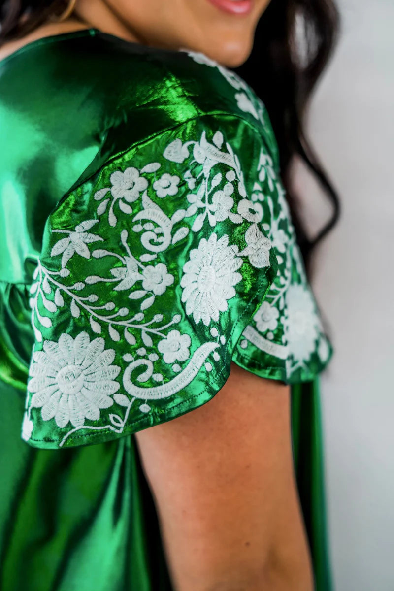 Embroidered Metallic Top in Green