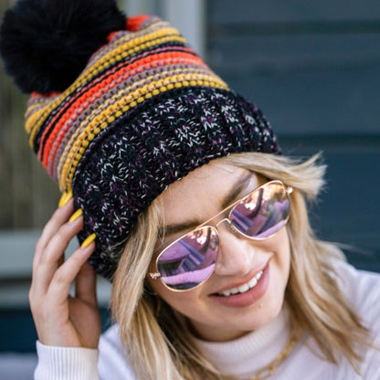 Pom Pom Faux Fur Lined Striped Beanie in Multicolor