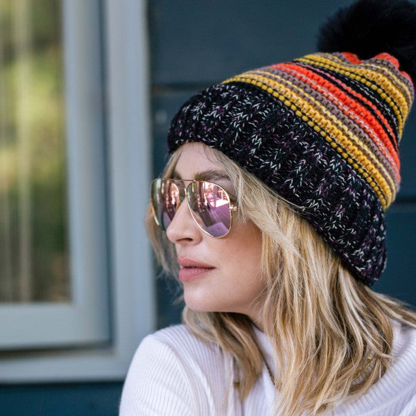 Pom Pom Faux Fur Lined Striped Beanie in Multicolor