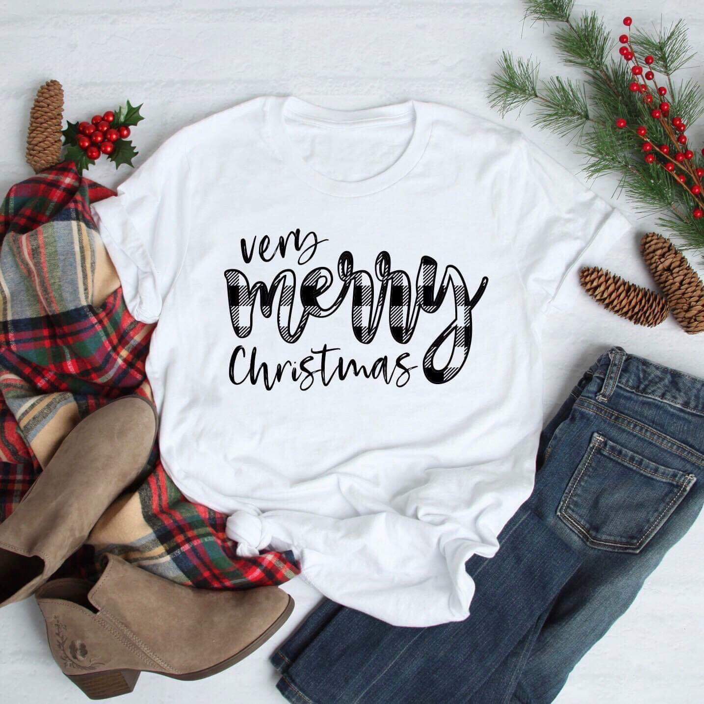 Very Merry Christmas Black Plaid Graphic Tee in White