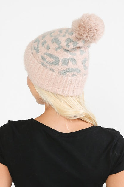 Leopard Print Pom Knit Beanie in Blush