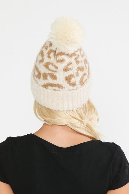 Leopard Print Pom Knit Beanie in Cream