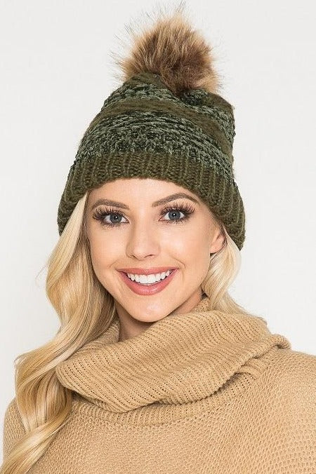 Chenille Pom Knit Beanie in Olive