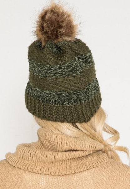 Chenille Pom Knit Beanie in Olive