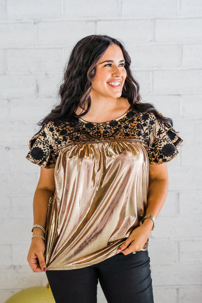 Embroidered Metallic Top in Gold