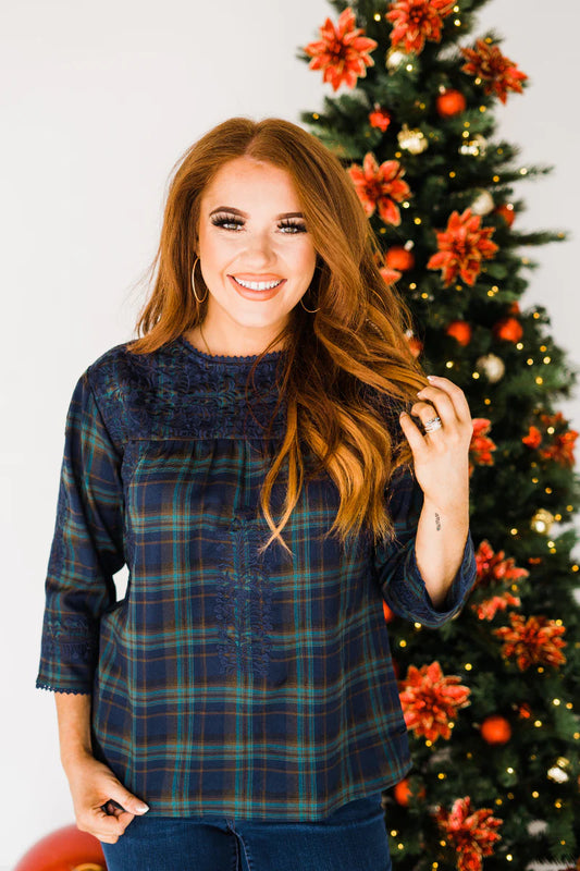 Plaid Embroidered Top in Navy