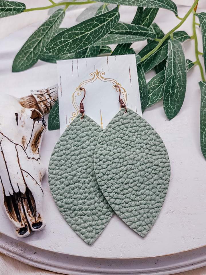 Faux Leather Mega Leaf Drop Earrings in Sage Green