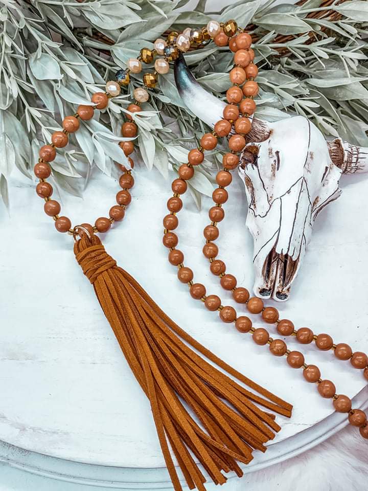 Long Beaded Faux Leather Tassel Necklace in Camel