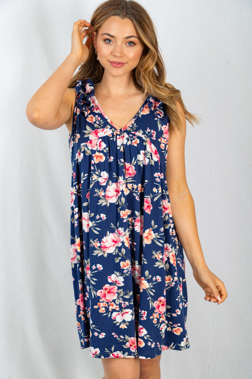 Sleeveless Floral Babydoll Knit Dress in Navy