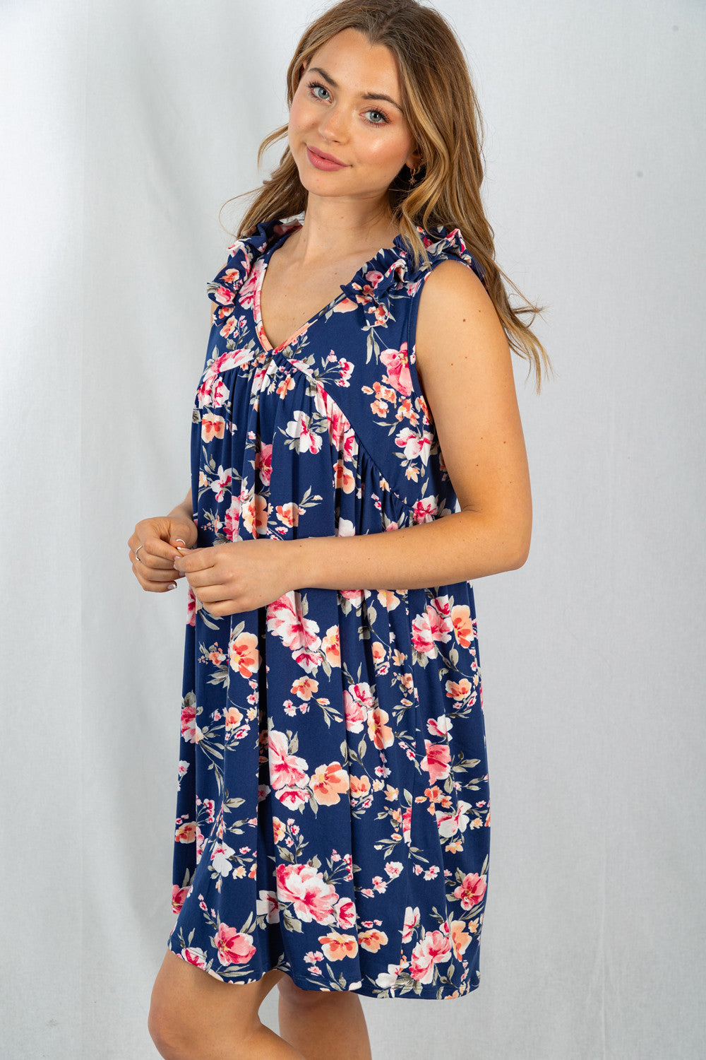 Sleeveless Floral Babydoll Knit Dress in Navy