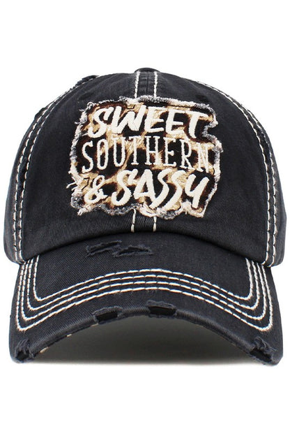Distress Embroidered Sweet, Southern, and Sassy Vintage Ball Cap in Black