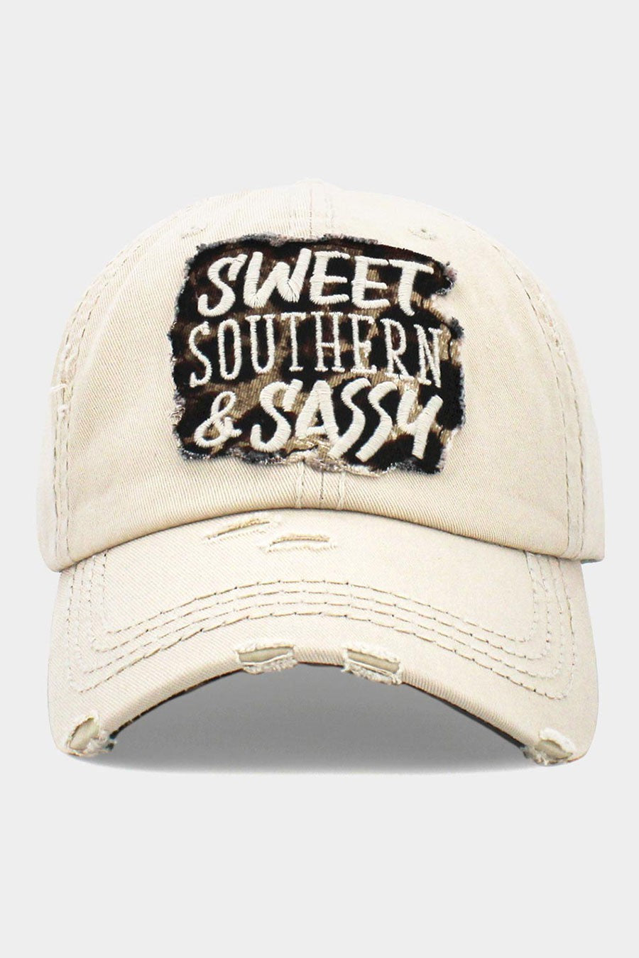 Distress Embroidered Sweet, Southern, and Sassy Vintage Ball Cap in Ivory