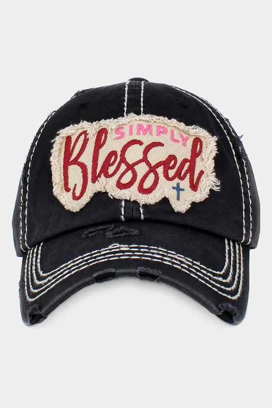 Distressed Embroidered Simply Blessed Vintage Ball Cap in Black