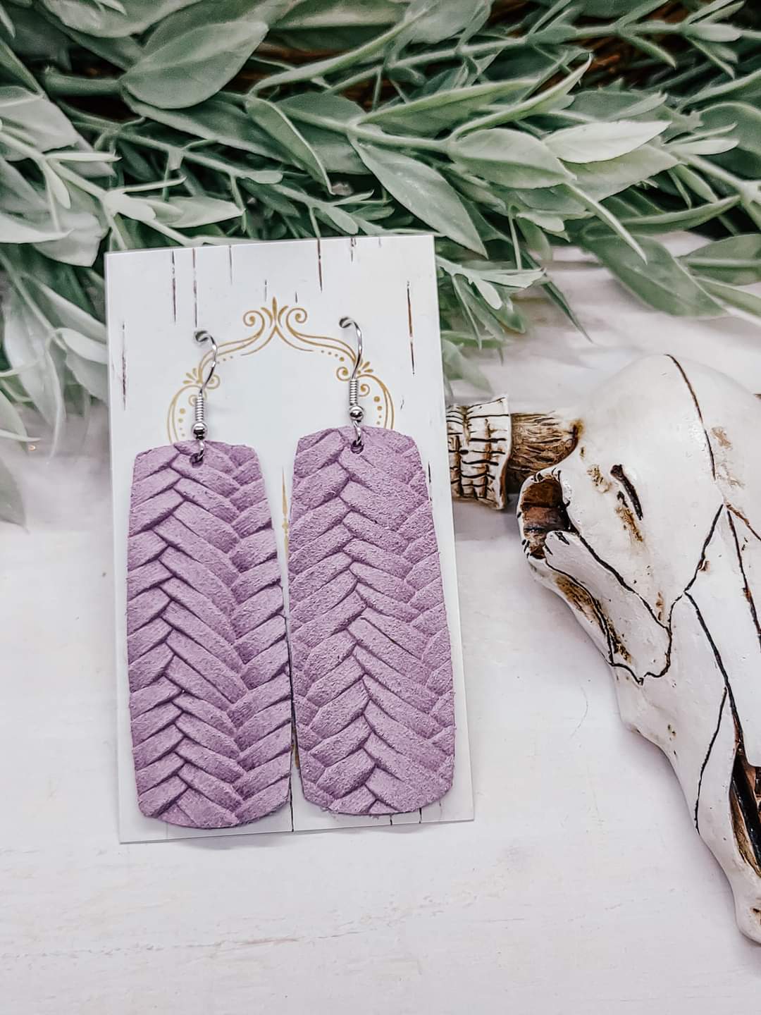 Fishtail Braided Genuine Italian Leather Wide Bar Earrings in Light Purple