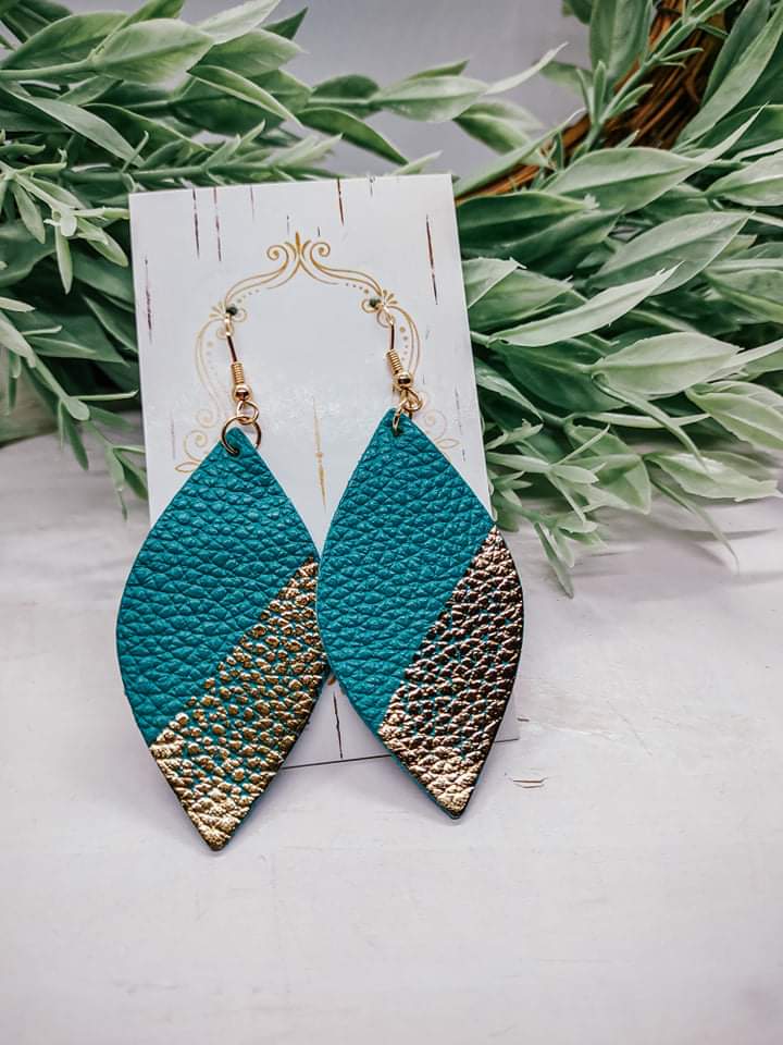 Genuine Leather Drop Earrings in Turquoise/Metallic Gold Painted