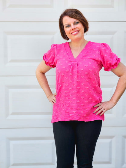 Swiss Dot Patterned Top in Hot Pink