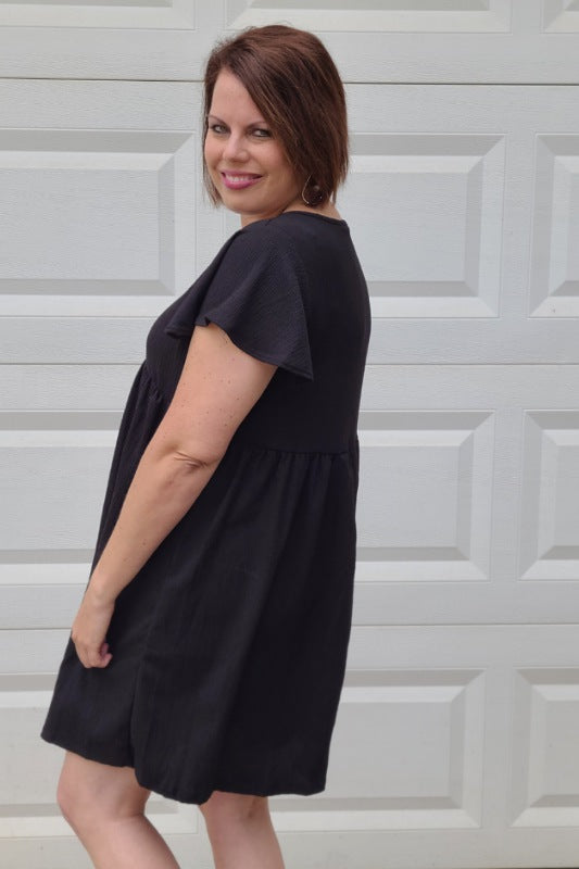 Short Sleeve Knit Empire Waist Dress in Black