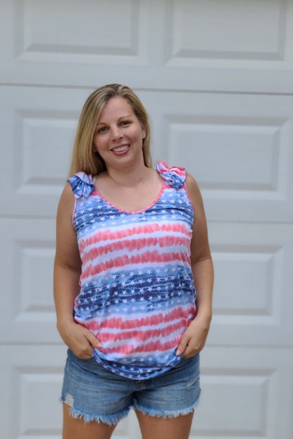 Brushed Stars & Stripes Ruffle Shoulder Tank Top in Red & Navy