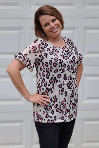 Knit Animal Print Ruffle Sleeve Top in Pink
