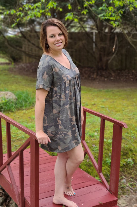 Camo Print Babydoll Dress in Olive